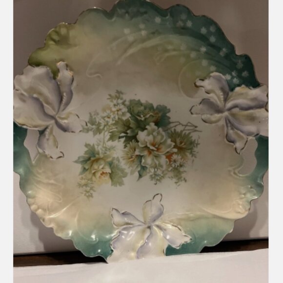 R S Germany Cut Out Handled. Cake Plate Hand Painted Floral. 11" Porcelain. L - Picture 2 of 9